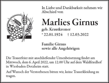 Traueranzeige von Marlies Girnus von vrm-trauer Wiesbadener Kurier