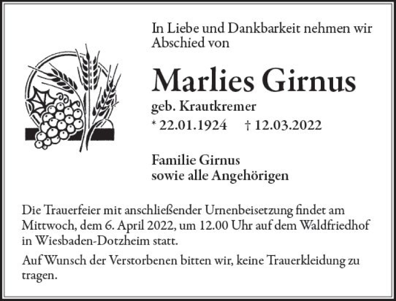  Traueranzeige für Marlies Girnus vom 26.03.2022 aus vrm-trauer Wiesbadener Kurier