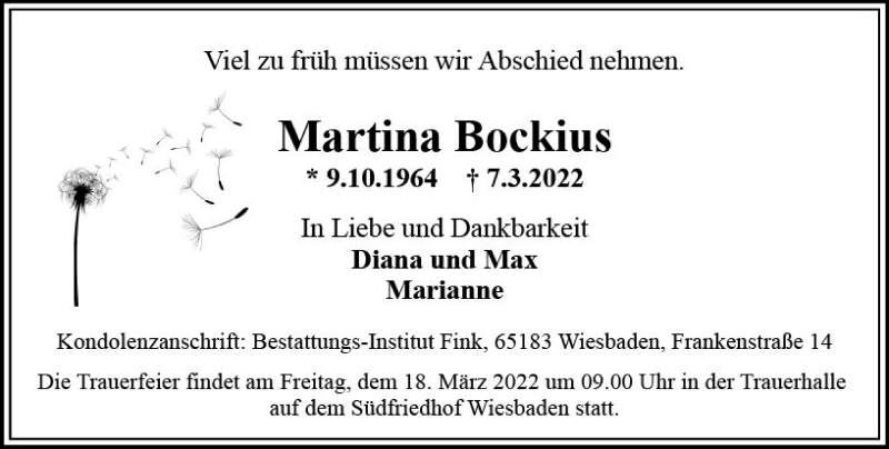  Traueranzeige für Martina Bockius vom 12.03.2022 aus vrm-trauer Wiesbadener Kurier