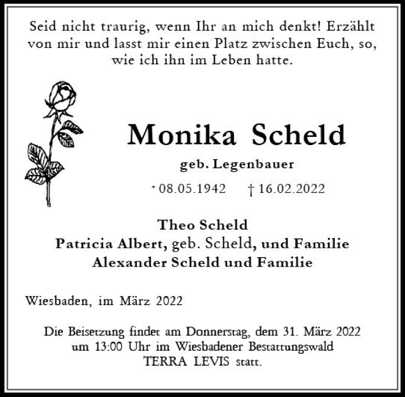  Traueranzeige für Monika Scheld vom 19.03.2022 aus vrm-trauer Wiesbadener Kurier