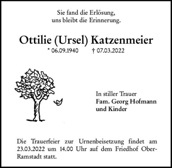 Traueranzeige von Ottilie Katzenmeier von vrm-trauer Darmstädter Echo
