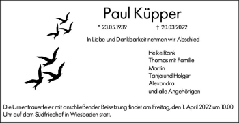 Traueranzeige von Paul Küpper von vrm-trauer Wiesbadener Kurier