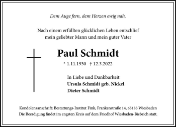 Traueranzeige von Paul Schmidt von vrm-trauer Wiesbadener Kurier