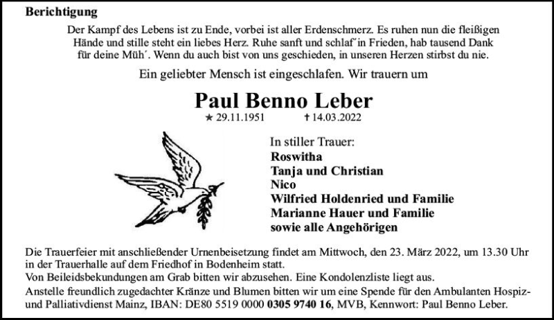  Traueranzeige für Paul Benno Leber vom 22.03.2022 aus vrm-trauer AZ Mainz
