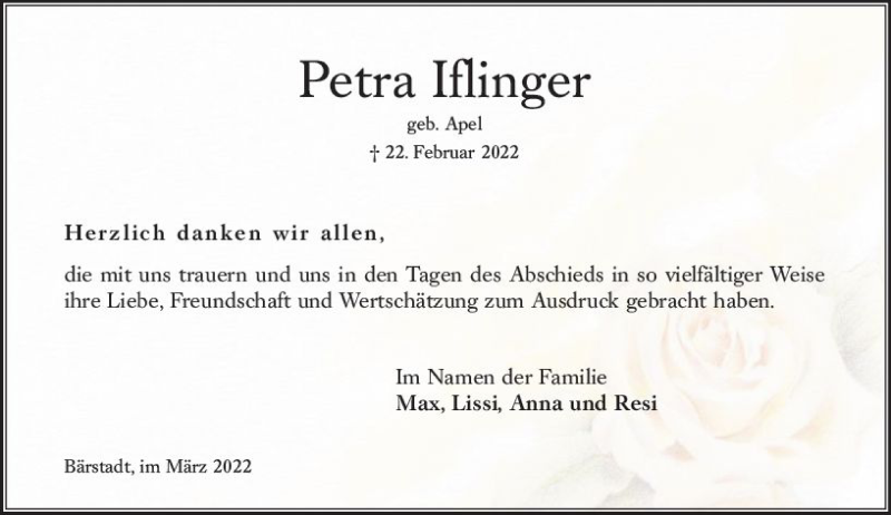  Traueranzeige für Petra Iflinger vom 19.03.2022 aus vrm-trauer Wiesbadener Kurier
