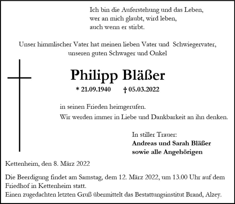  Traueranzeige für Philipp Bläßer vom 08.03.2022 aus vrm-trauer Allgemeine Zeitung Alzey