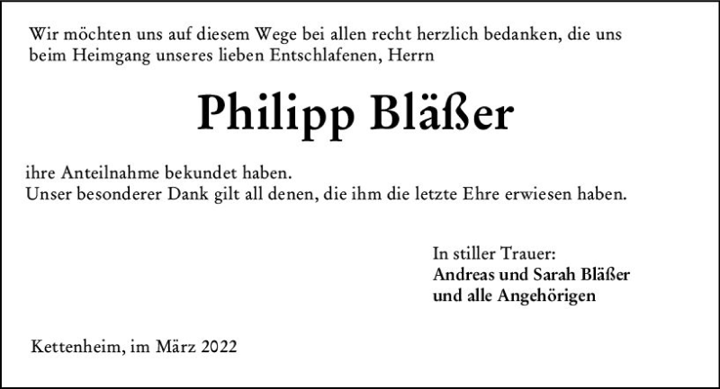  Traueranzeige für Philipp Bläßer vom 26.03.2022 aus vrm-trauer Allgemeine Zeitung Alzey
