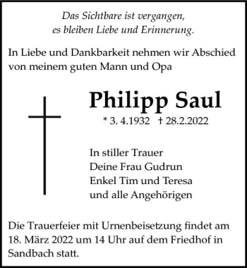 Traueranzeige von Philipp Saul von vrm-trauer Odenwälder Echo