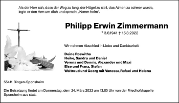 Traueranzeige von Philipp Erwin Zimmermann von vrm-trauer Allgemeine  Zeitung Ingelheim-Bingen