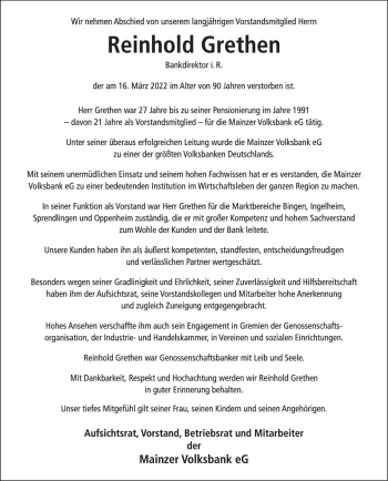 Traueranzeige von Reinhold Grethen von vrm-trauer Allgemeine  Zeitung Ingelheim-Bingen