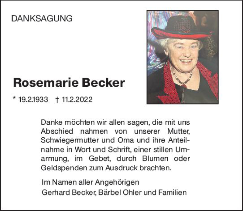  Traueranzeige für Rosemarie Becker vom 19.03.2022 aus vrm-trauer AZ Mainz