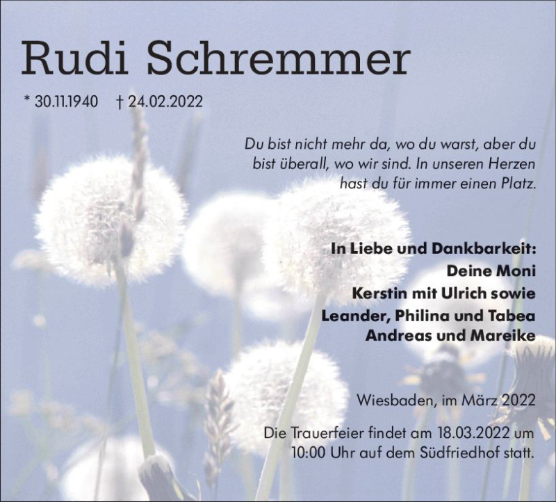  Traueranzeige für Rudi Schremmer vom 12.03.2022 aus vrm-trauer Wiesbadener Kurier
