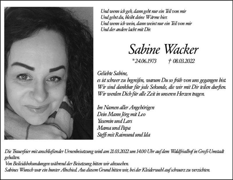  Traueranzeige für Sabine Wacker vom 15.03.2022 aus vrm-trauer DieburgerAnzeiger/Groß-Zimmerner Lokala