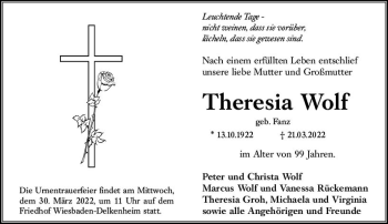 Traueranzeige von Theresia Wolf von vrm-trauer Wiesbadener Kurier