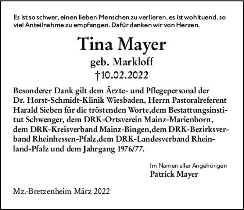  Traueranzeige für Tina Mayer vom 12.03.2022 aus vrm-trauer AZ Mainz