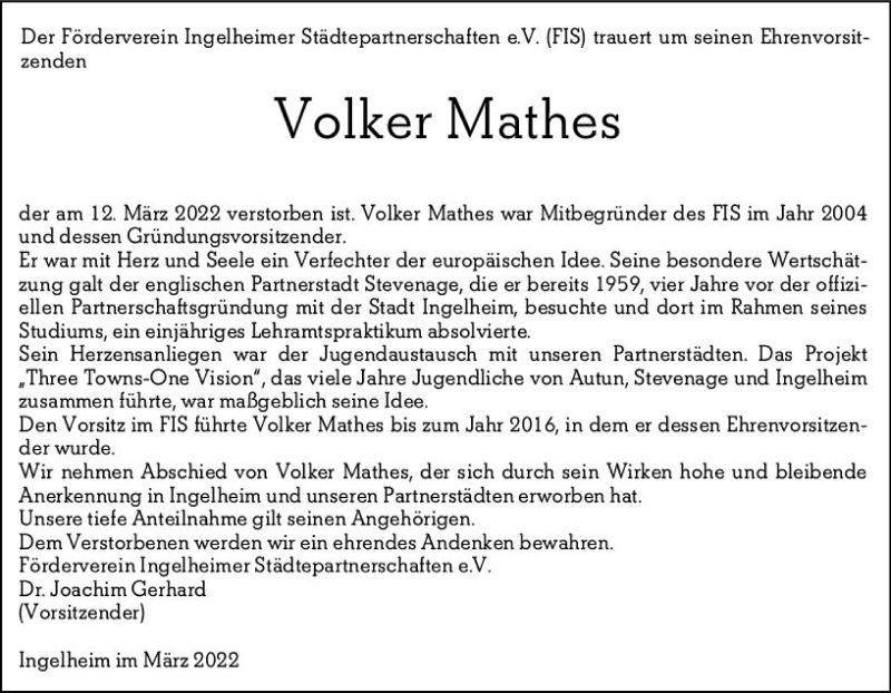  Traueranzeige für Volker Mathes vom 28.03.2022 aus vrm-trauer Allgemeine  Zeitung Ingelheim-Bingen