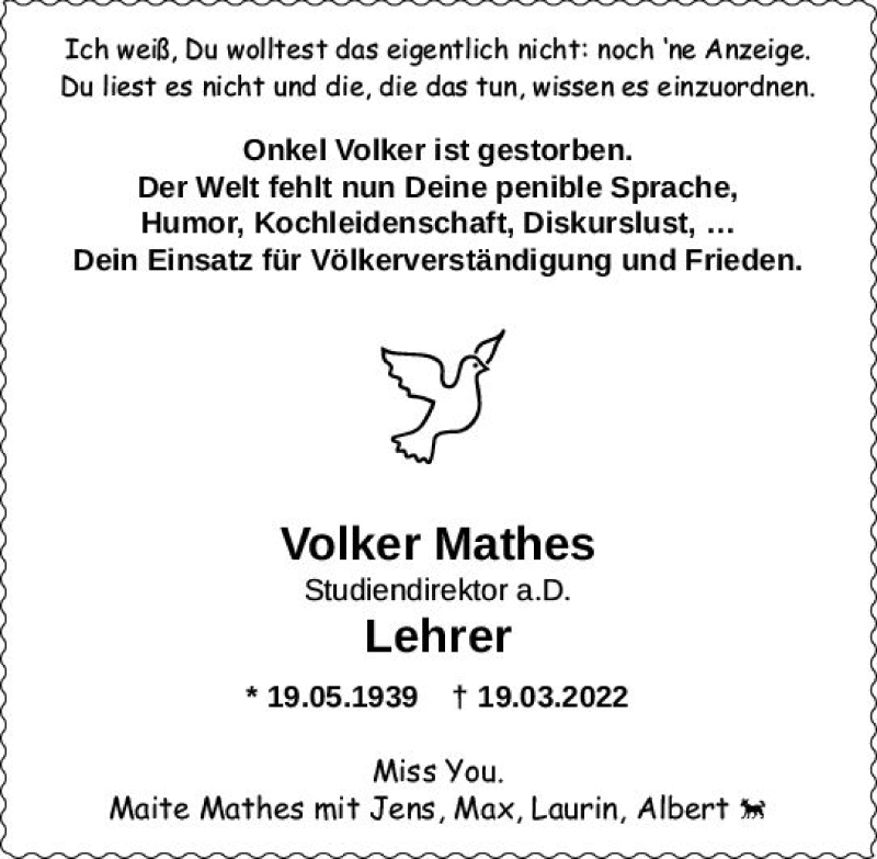  Traueranzeige für Volker Mathes vom 26.03.2022 aus vrm-trauer Allgemeine  Zeitung Ingelheim-Bingen