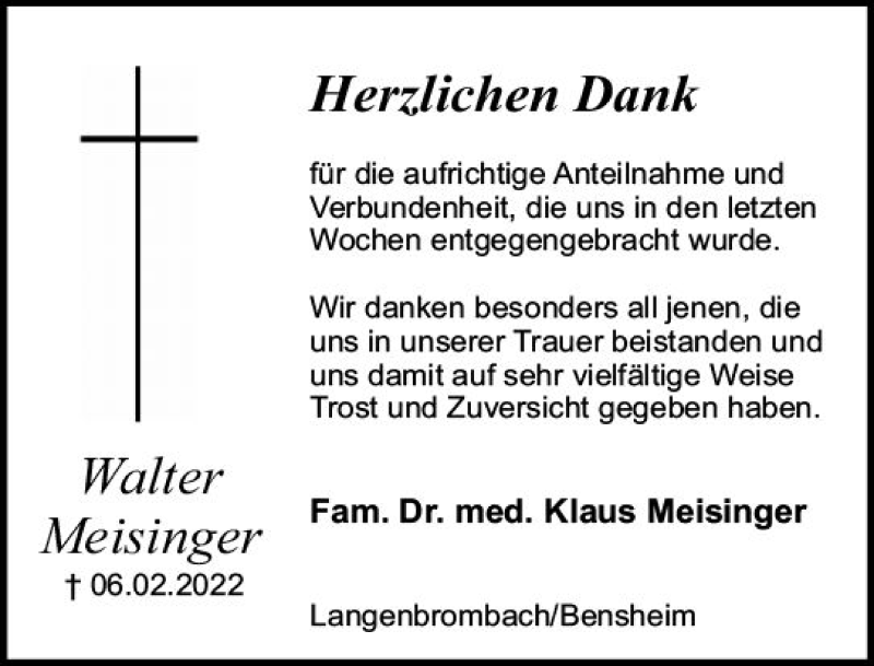  Traueranzeige für Walter Meisinger vom 19.03.2022 aus vrm-trauer Odenwälder Echo