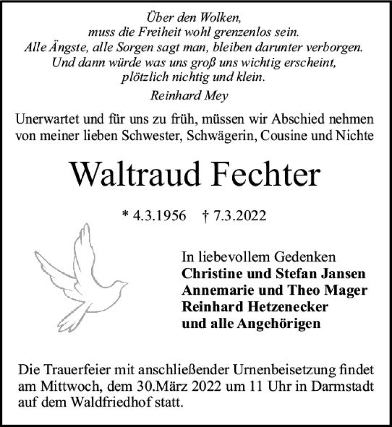  Traueranzeige für Waltraud Fechter vom 26.03.2022 aus vrm-trauer Darmstädter Echo
