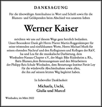 Traueranzeige von Werner Kaiser von vrm-trauer Wiesbadener Kurier