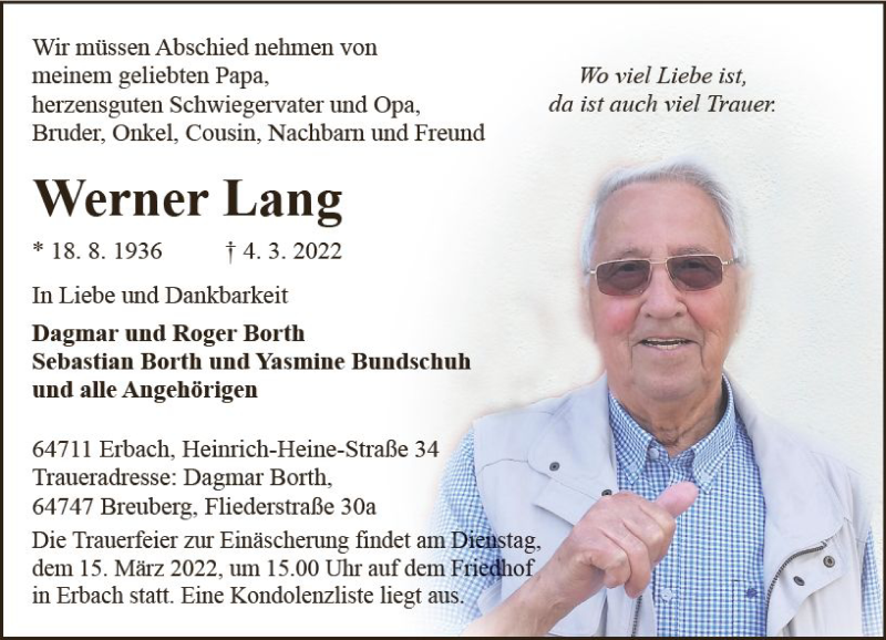  Traueranzeige für Werner Lang vom 12.03.2022 aus vrm-trauer Odenwälder Echo