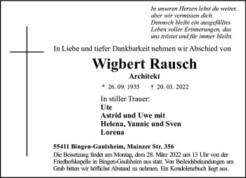 Traueranzeige von Wigbert Rausch von vrm-trauer Allgemeine  Zeitung Ingelheim-Bingen