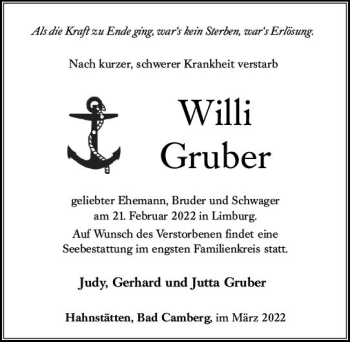 Traueranzeige von Willi Gruber von vrm-trauer Wiesbadener Kurier