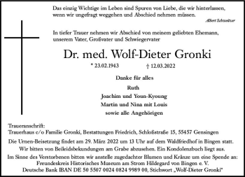 Traueranzeige von Wolf-Dieter Gronki von vrm-trauer Allgemeine  Zeitung Ingelheim-Bingen