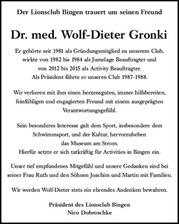 Traueranzeige von Wolf-Dieter Gronki von vrm-trauer Allgemeine  Zeitung Ingelheim-Bingen