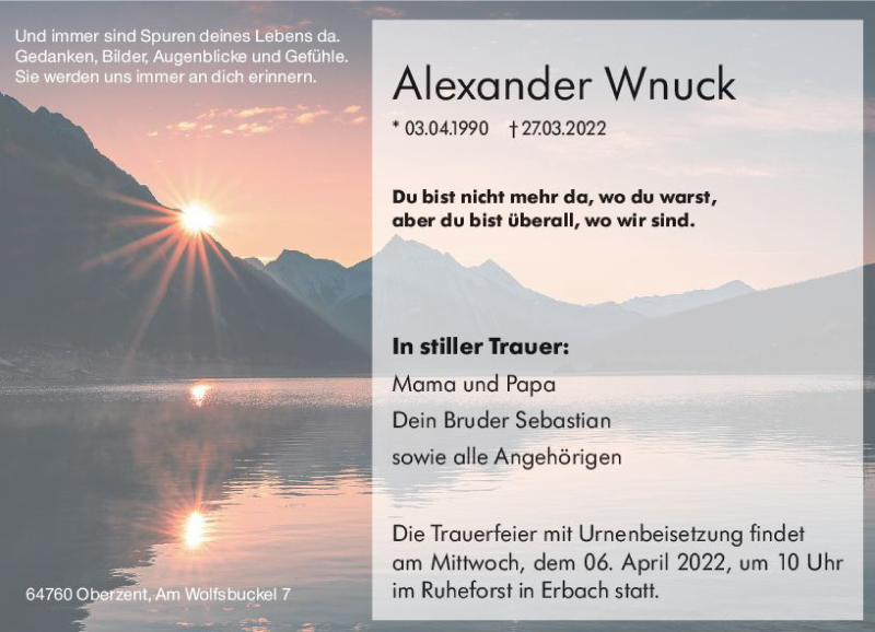  Traueranzeige für Alexander Wnuck vom 02.04.2022 aus vrm-trauer Odenwälder Echo