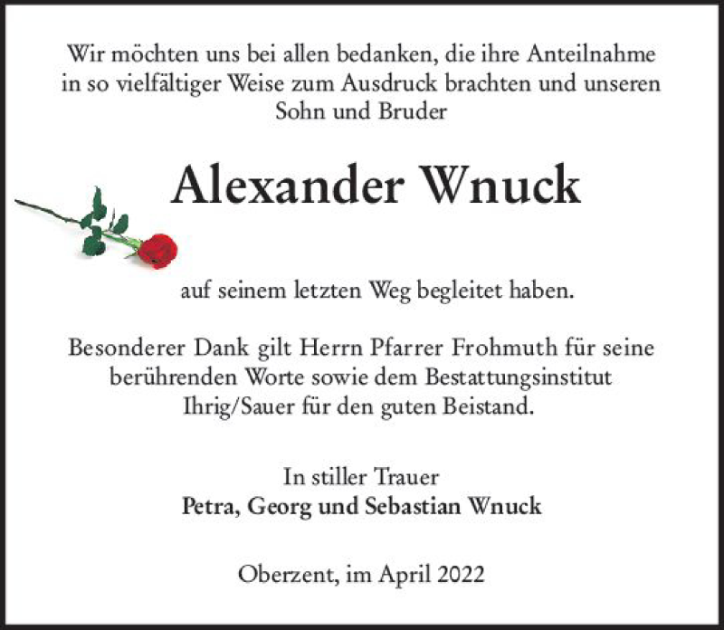 Traueranzeige für Alexander Wnuck vom 23.04.2022 aus vrm-trauer Odenwälder Echo