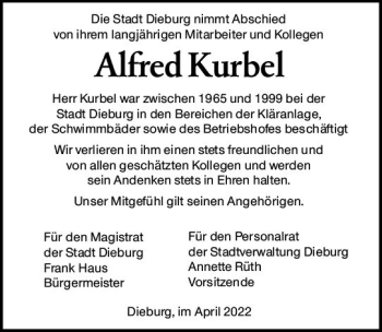 Traueranzeige von Alfred Kurbel von vrm-trauer DieburgerAnzeiger/Groß-Zimmerner Lokala
