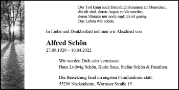 Traueranzeige von Alfred Schön von vrm-trauer AZ Mainz
