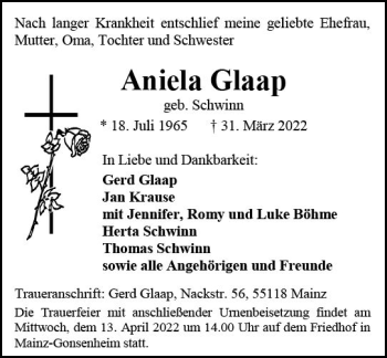 Traueranzeige von Aniela Glaap von vrm-trauer AZ Mainz