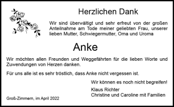 Traueranzeige von Anke  von vrm-trauer DieburgerAnzeiger/Groß-Zimmerner Lokala