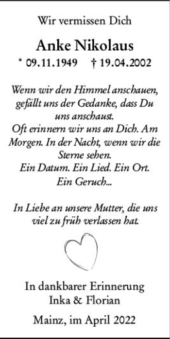 Traueranzeige von Anke Nikolaus von vrm-trauer AZ Mainz
