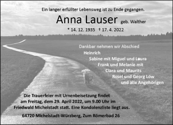 Traueranzeige von Anna Lauser von vrm-trauer Odenwälder Echo