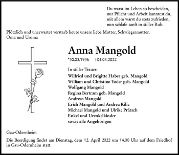 Traueranzeige von Anna Mangold von vrm-trauer Allgemeine Zeitung Alzey
