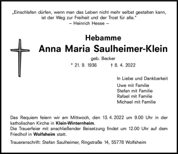 Traueranzeige von Anna Maria Saulheimer-Klein von vrm-trauer Allgemeine  Zeitung Ingelheim-Bingen