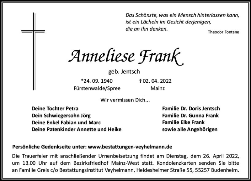  Traueranzeige für Anneliese Frank vom 09.04.2022 aus vrm-trauer AZ Mainz