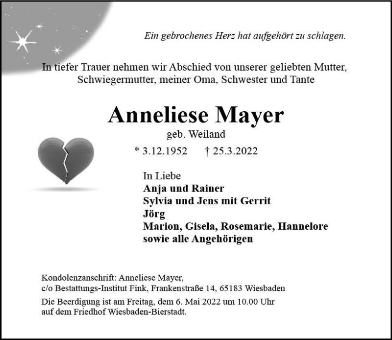  Traueranzeige für Anneliese Mayer vom 30.04.2022 aus vrm-trauer Wiesbadener Kurier