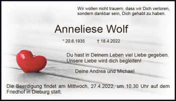 Traueranzeige von Anneliese Wolf von vrm-trauer DieburgerAnzeiger/Groß-Zimmerner Lokala