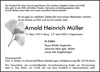 Traueranzeige von Arnold Heinrich Müller von vrm-trauer AZ Mainz