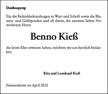Traueranzeige von Benno Kieß von vrm-trauer Allgemeine Zeitung Alzey