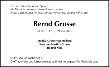 Traueranzeige von Bernd Grosse von vrm-trauer Wiesbadener Kurier
