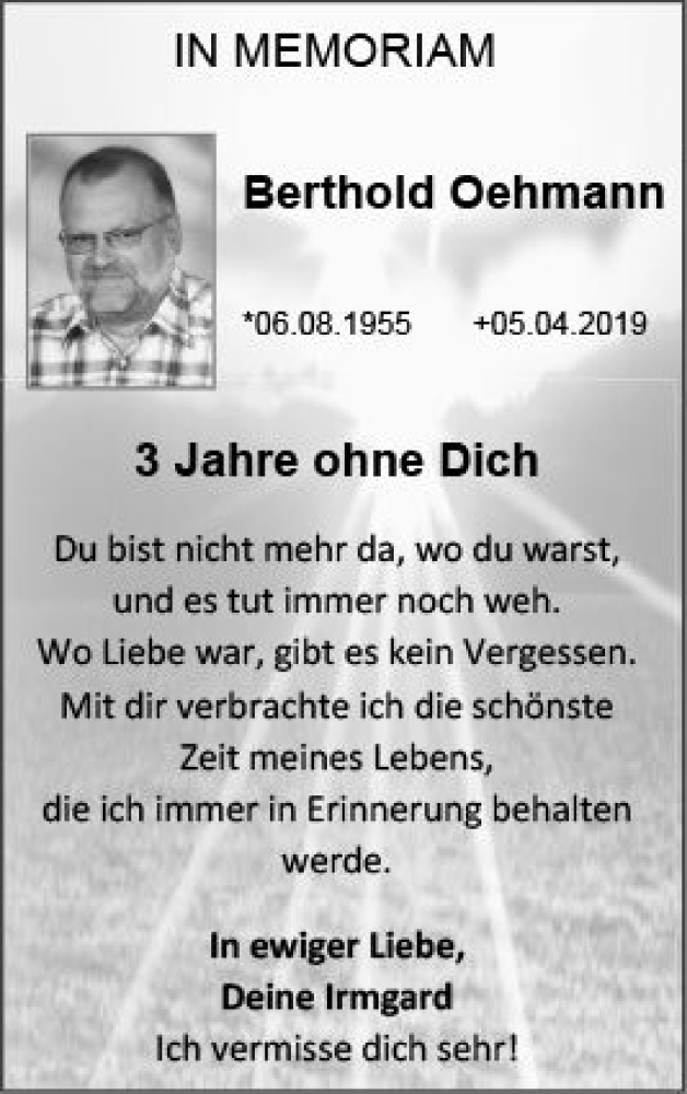  Traueranzeige für Berthold Oehmann vom 09.04.2022 aus vrm-trauer Allgemeine  Zeitung Ingelheim-Bingen