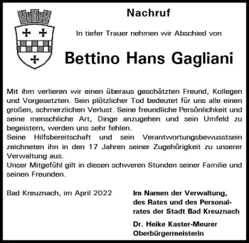 Traueranzeige von Bettino Hans Gagliani von vrm-trauer Allg. Zeitung Bad Kreuznach