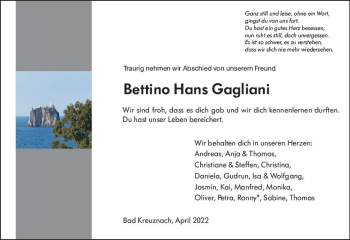 Traueranzeige von Bettino Hans Gagliani von vrm-trauer Allg. Zeitung Bad Kreuznach