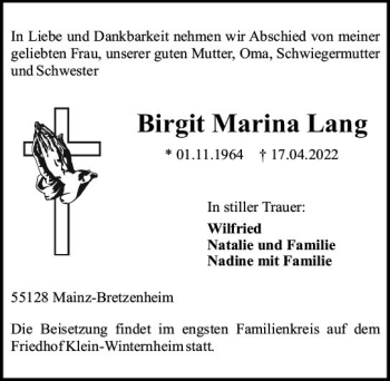 Traueranzeige von Birgit Marina Lang von vrm-trauer AZ Mainz