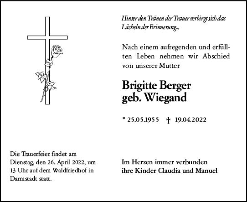  Traueranzeige für Brigitte Berger vom 23.04.2022 aus vrm-trauer Darmstädter Echo